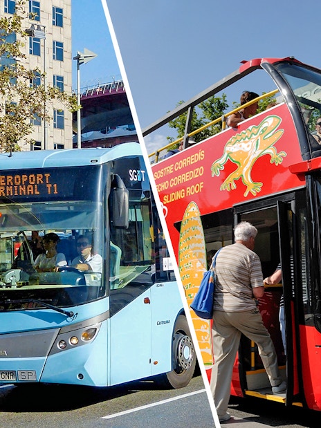 Aerobus to Barcelona airport and red city tour bus in Barcelona.