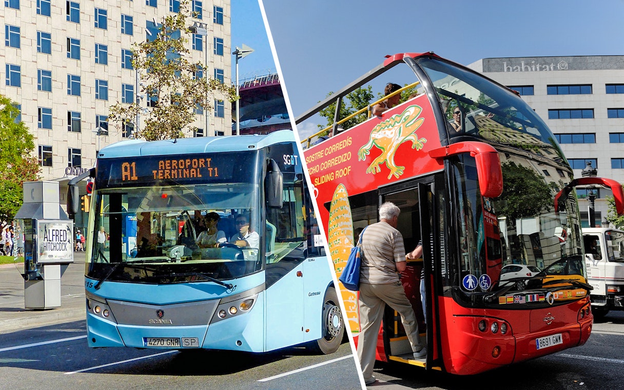 Aerobus to Barcelona airport and red city tour bus in Barcelona.
