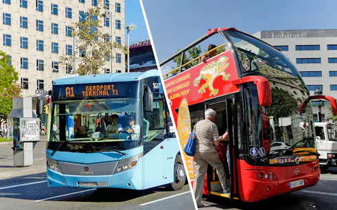 Aerobus to Barcelona airport and red city tour bus in Barcelona.