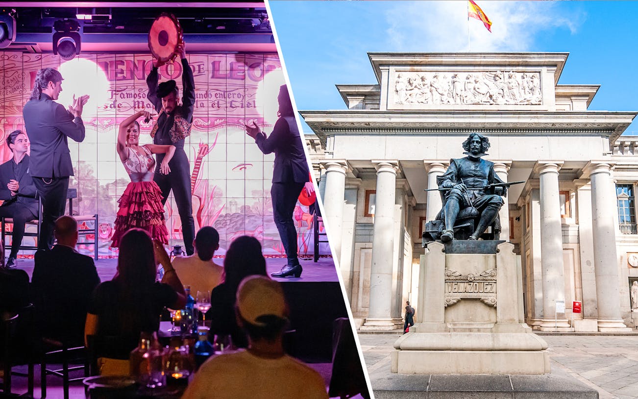 Flamenco performance at Tablao de Leones and exterior of Prado Museum in Madrid.