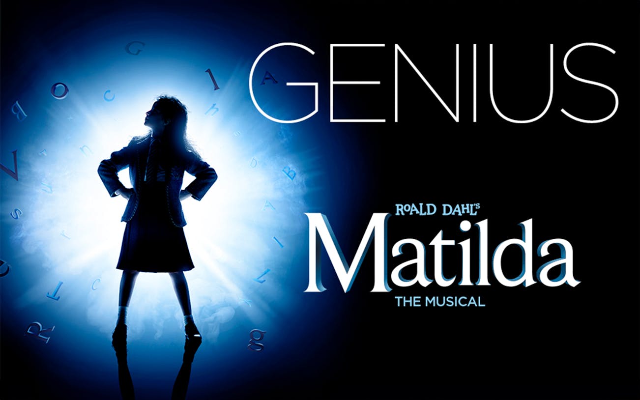 Silhouette of a girl with letters around, promoting Matilda the Musical.