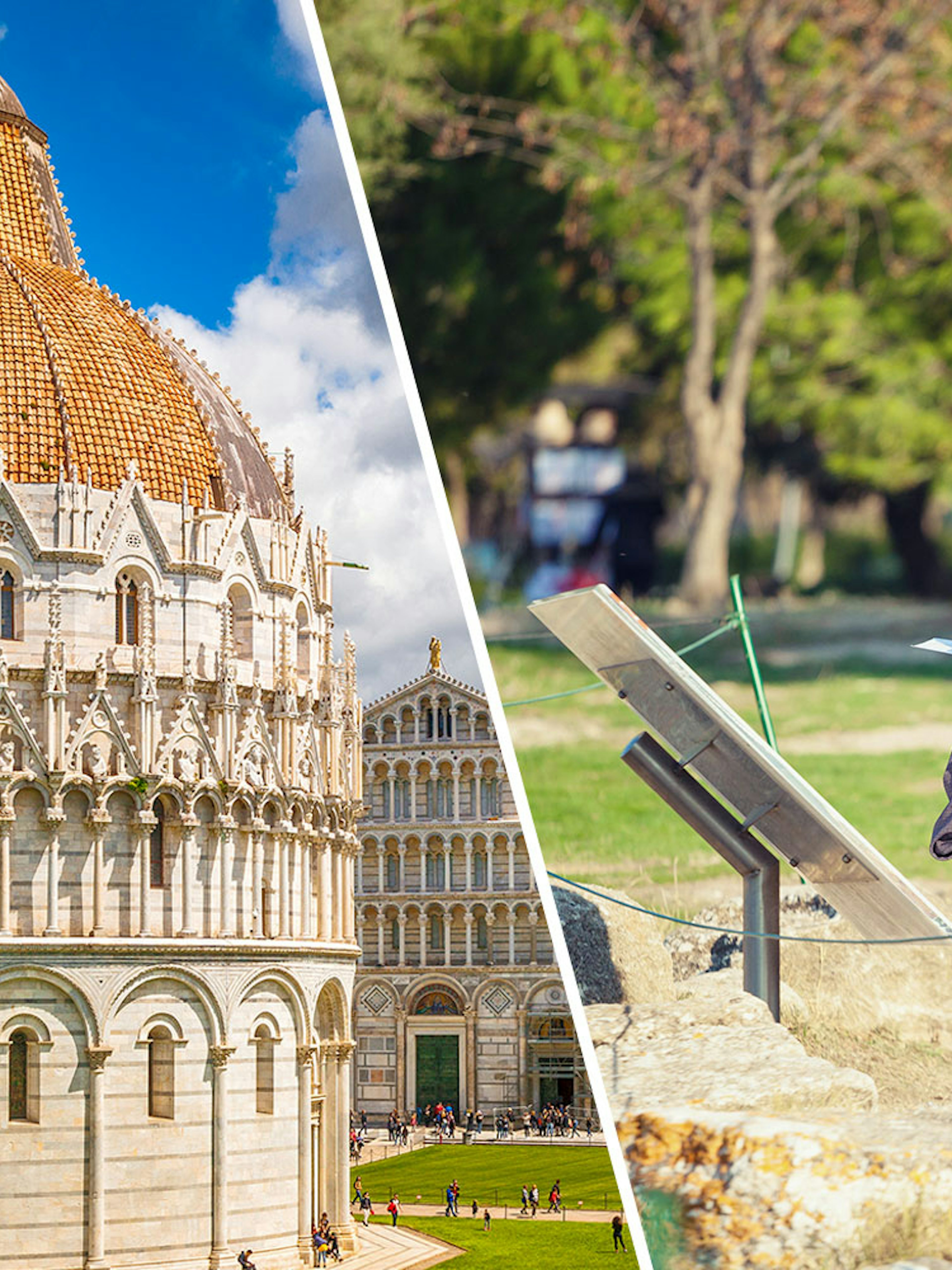 Pisa Baptistery and tourist with audio guide in Monumental Complex, Italy.