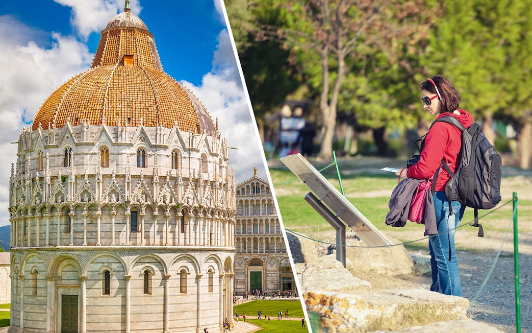 Pisa Baptistery and tourist with audio guide in Monumental Complex, Italy.