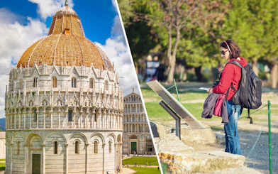 Pisa Baptistery and tourist with audio guide in Monumental Complex, Italy.