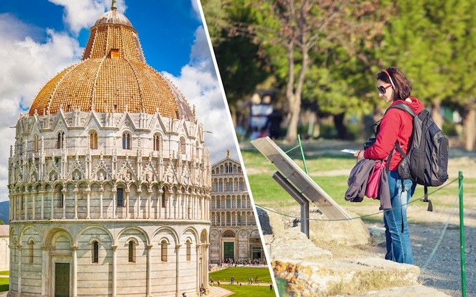 Pisa Baptistery and tourist with audio guide in Monumental Complex, Italy.