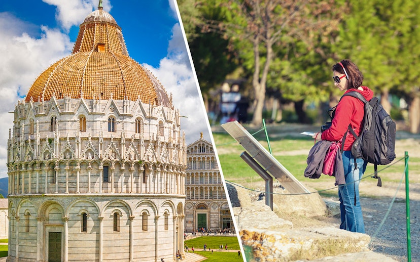 Pisa Baptistery and tourist with audio guide in Monumental Complex, Italy.