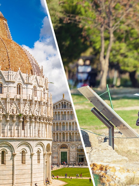 Pisa Baptistery and tourist with audio guide in Monumental Complex, Italy.