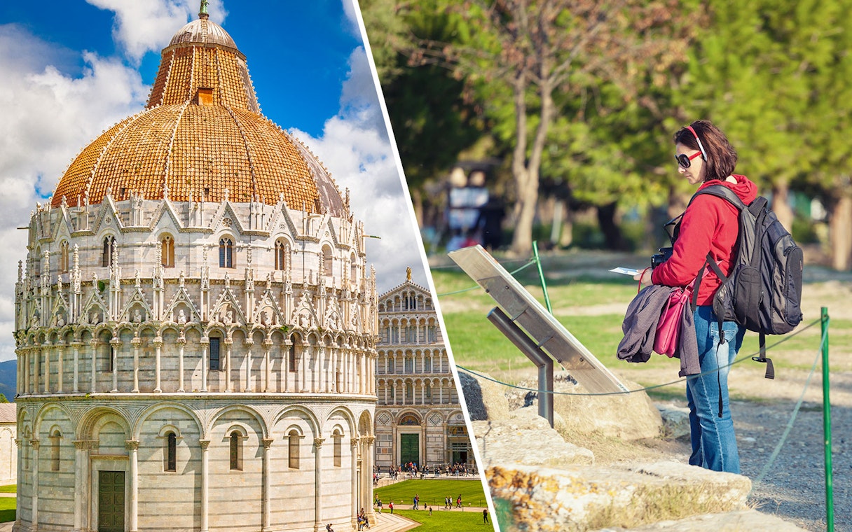 Pisa Baptistery and tourist with audio guide in Monumental Complex, Italy.