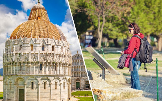 Pisa Baptistery and tourist with audio guide in Monumental Complex, Italy.