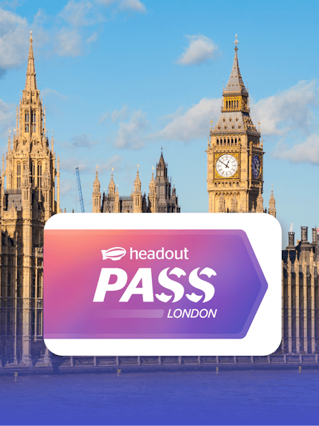 Houses of Parliament and Big Ben by the River Thames in London with Headout Pass logo.