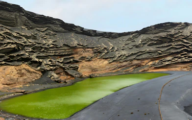 El Golfo green lagoon with volcanic cliffs in Lanzarote, Spain.