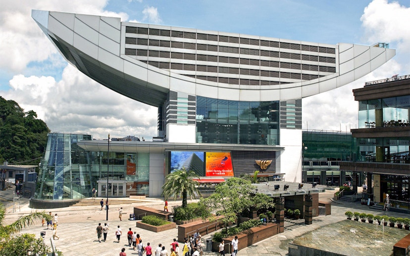 Sky Terrace 428 entrance at The Peak, Hong Kong, with visitors exploring the area.