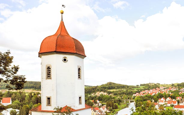 Church tower overlooking Rothenburg landscape on the Romantic Road, Germany.