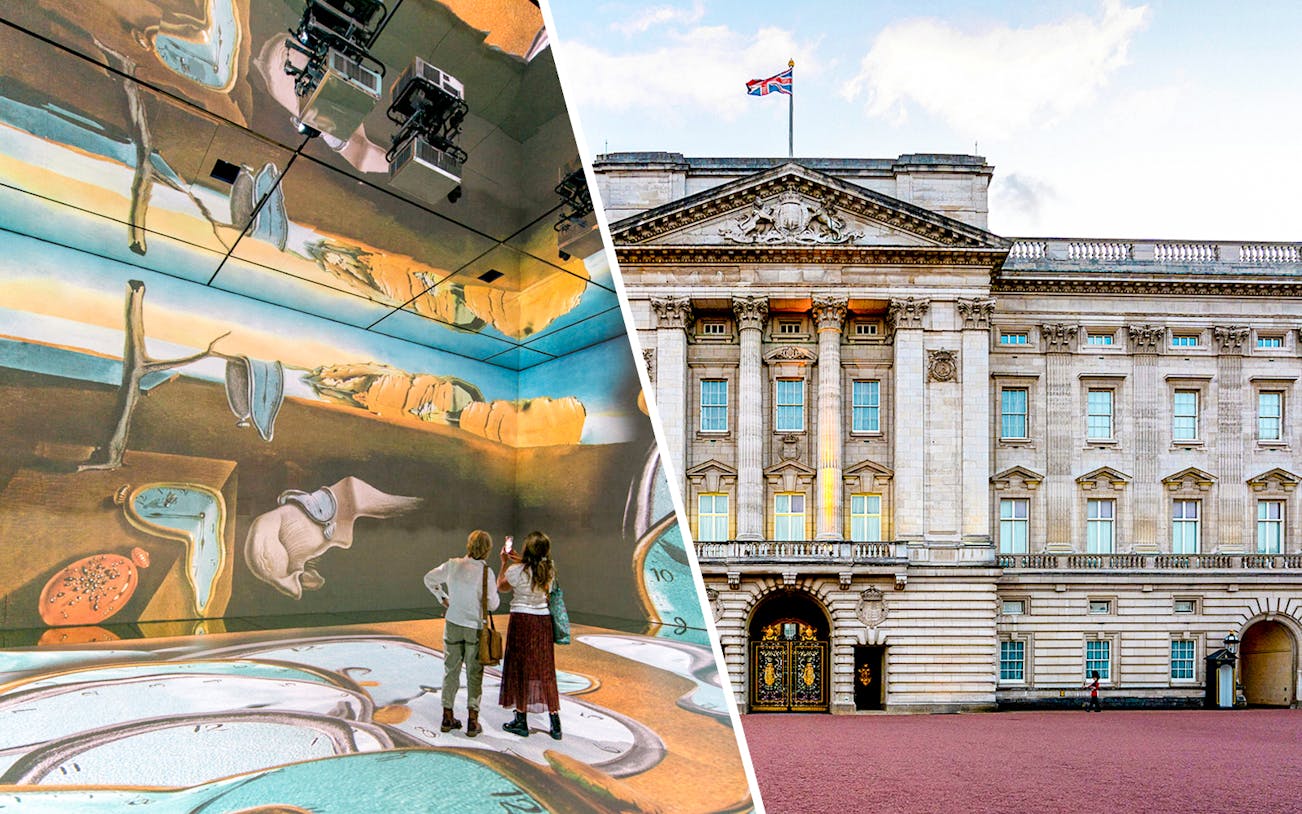 Buckingham Palace facade and visitors at Frameless London art exhibit.