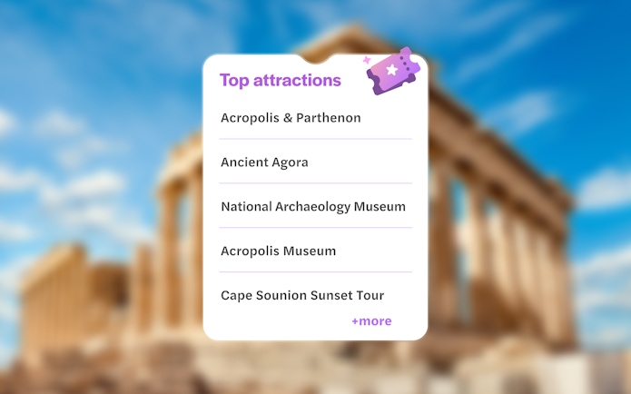 Top attractions list with blurred Parthenon on Acropolis hill, Athens, Greece in background.