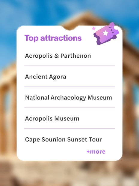 Top attractions list with blurred Parthenon on Acropolis hill, Athens, Greece in background.