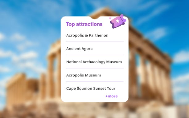 Top attractions list with blurred Parthenon on Acropolis hill, Athens, Greece in background.