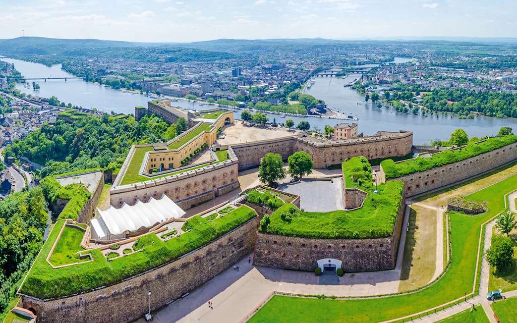 Ehrenbreitstein Fortress overlooking the Rhine River from Koblenz cable car.