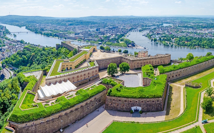 Ehrenbreitstein Fortress overlooking the Rhine River from Koblenz cable car.