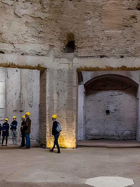 Visitors on a guided tour inside Domus Aurea, Rome, wearing helmets.