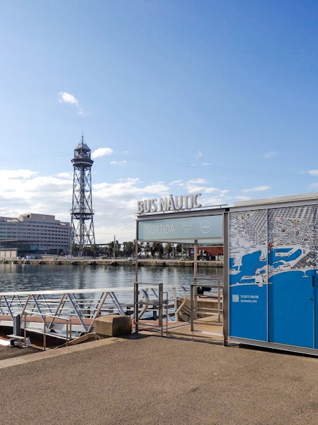 Barcelona port with Bus Nautic terminal and cable tower in view.