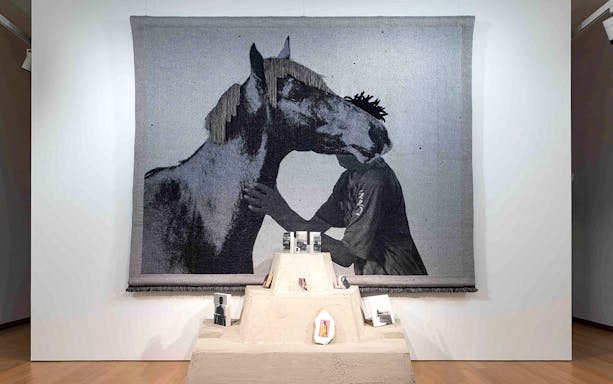 Tapestry of a person and horse at Garon et Cheval exhibit, Stedelijk Museum.