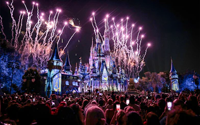 Fireworks display over Disney Castle at Walt Disney Resort Orlando.