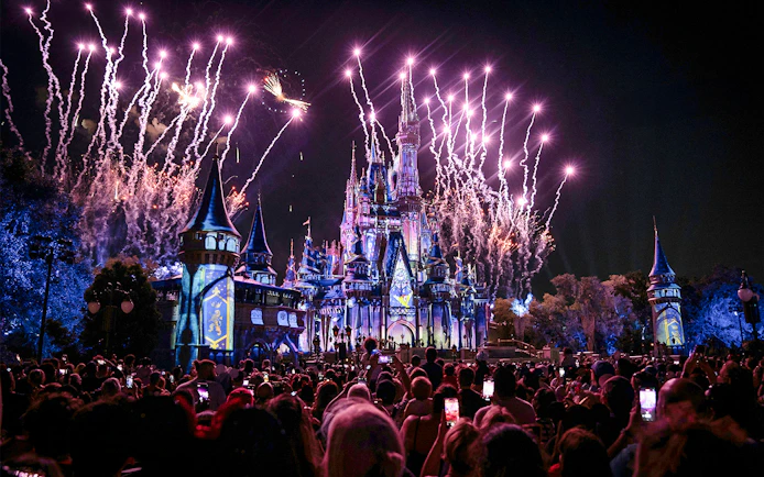 Fireworks display over Disney Castle at Walt Disney Resort Orlando.