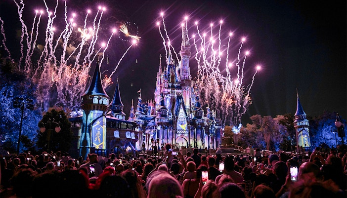 Fireworks display over Disney Castle at Walt Disney Resort Orlando.