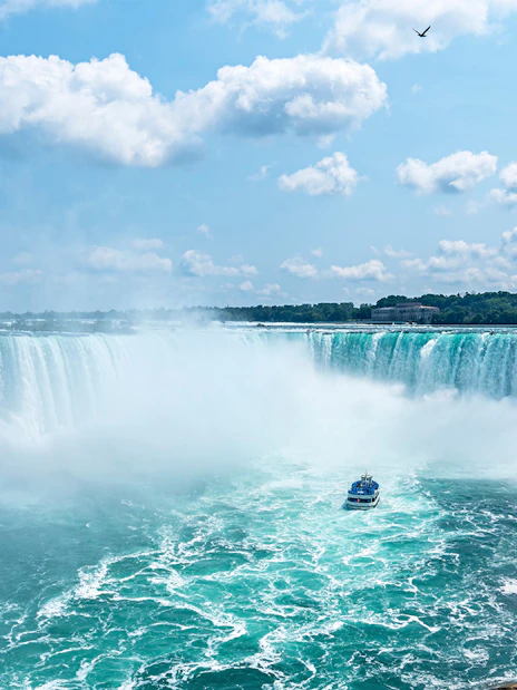 Boat approaching Horseshoe Falls at Niagara River.