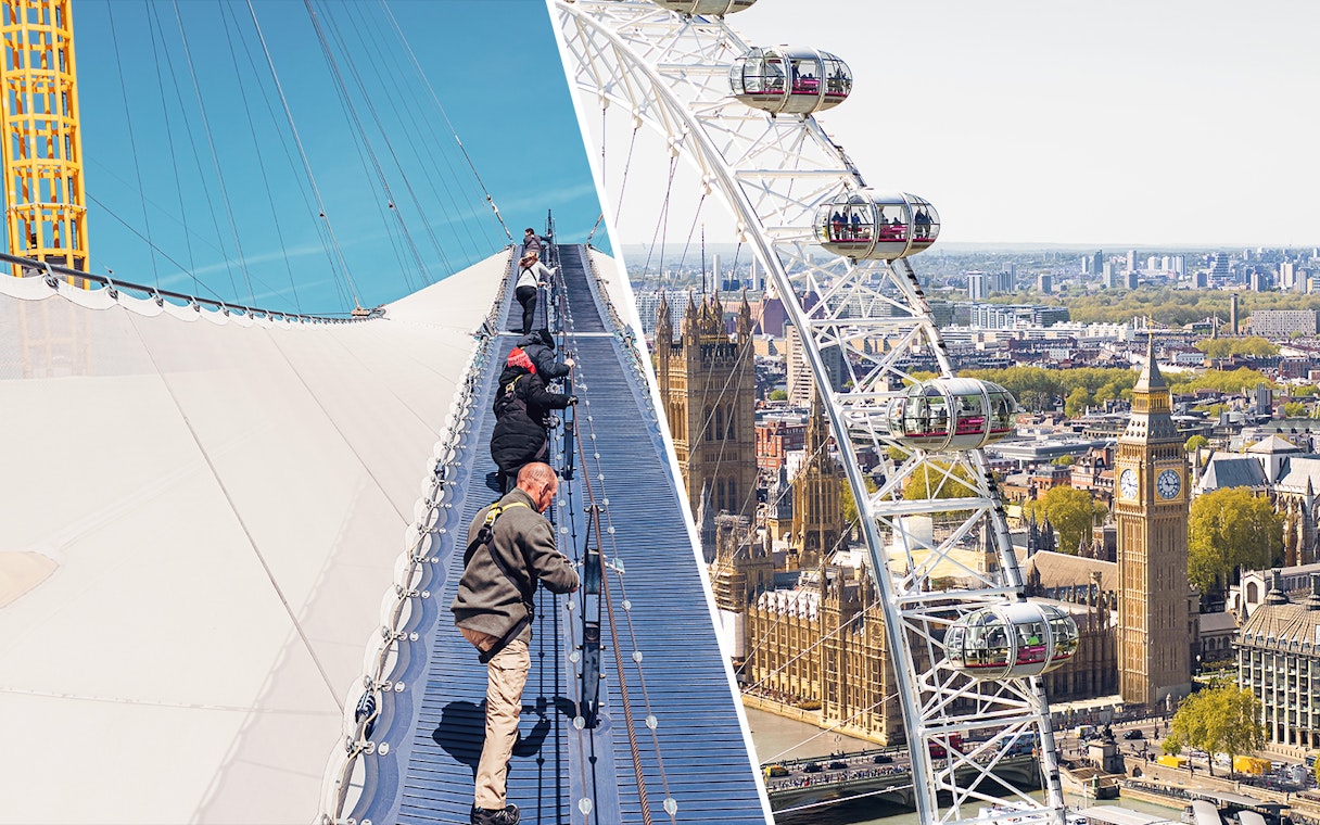 Climbers on the O2 roof and London Eye with Big Ben in the background.