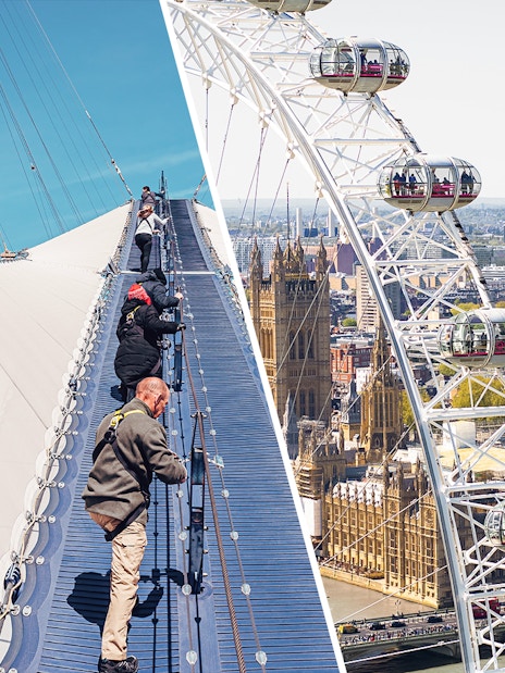 Climbers on the O2 roof and London Eye with Big Ben in the background.