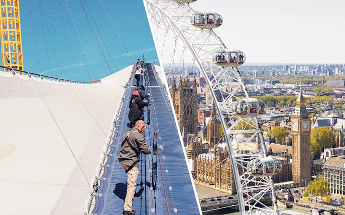 Climbers on the O2 roof and London Eye with Big Ben in the background.