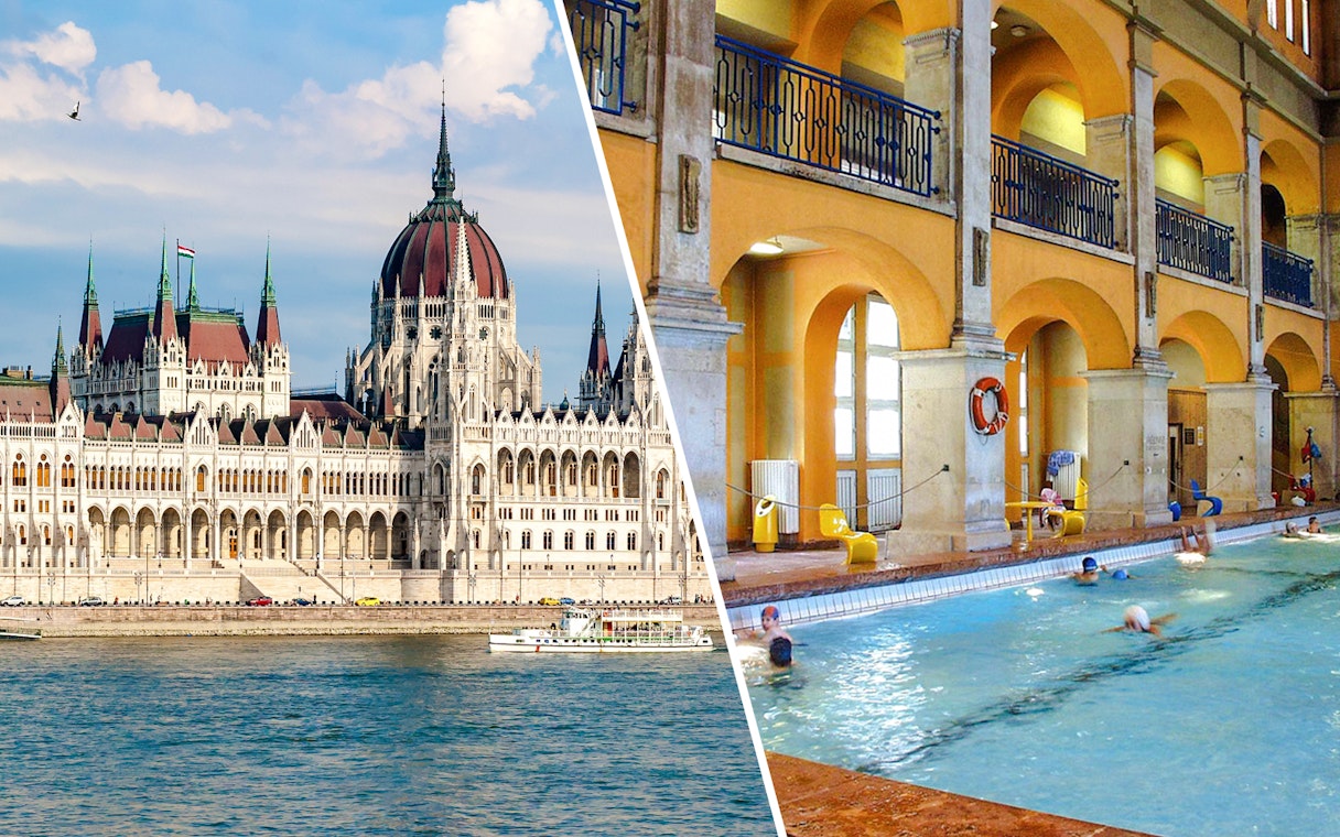 Cruise boat on the Danube River near the Hungarian Parliament Building in Budapest.