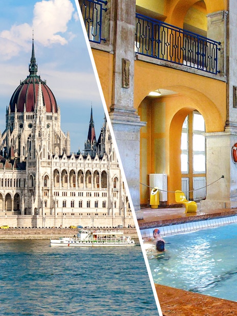 Cruise boat on the Danube River near the Hungarian Parliament Building in Budapest.