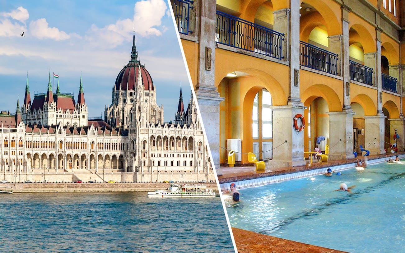 Cruise boat on the Danube River near the Hungarian Parliament Building in Budapest.