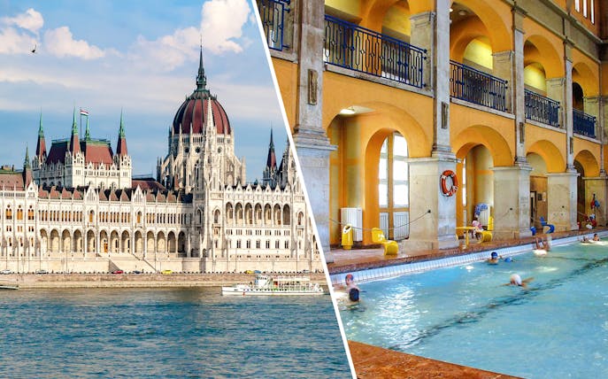 Cruise boat on the Danube River near the Hungarian Parliament Building in Budapest.