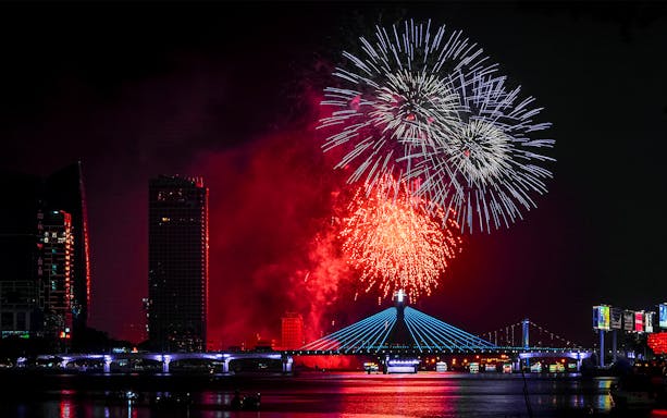 Fireworks over Dragon Bridge during Da Nang International Fireworks Festival.
