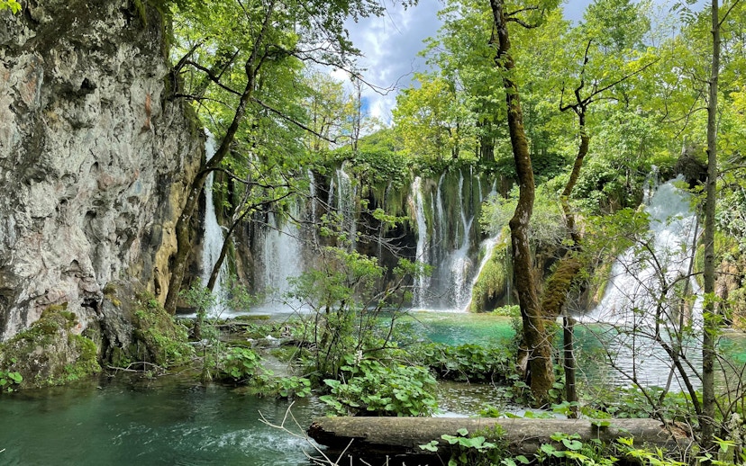 Waterfall surrounded by lush greenery at Plitvice Lakes National Park.