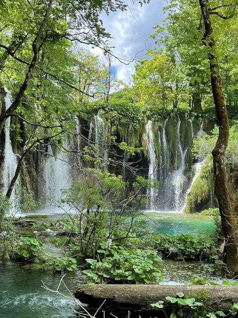 Waterfall surrounded by lush greenery at Plitvice Lakes National Park.