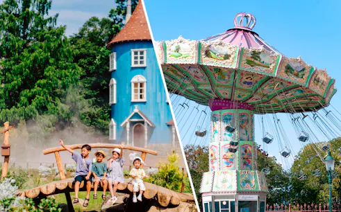 Children on a bridge at Moominvalley Park and a colorful swing ride at Seibuen Amusement Park.