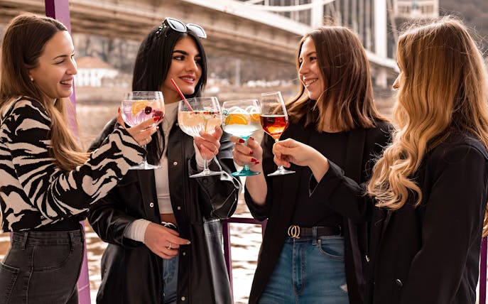 Group of friends toasting with cocktails on a cruise under a bridge.