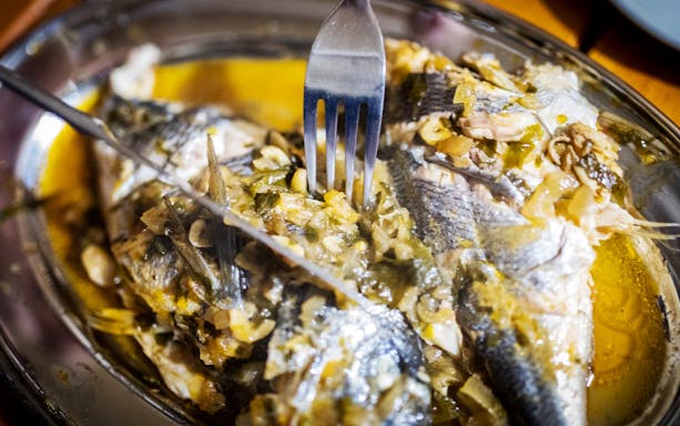 Grilled fish with herbs and vegetables on a Dubrovnik dinner cruise.