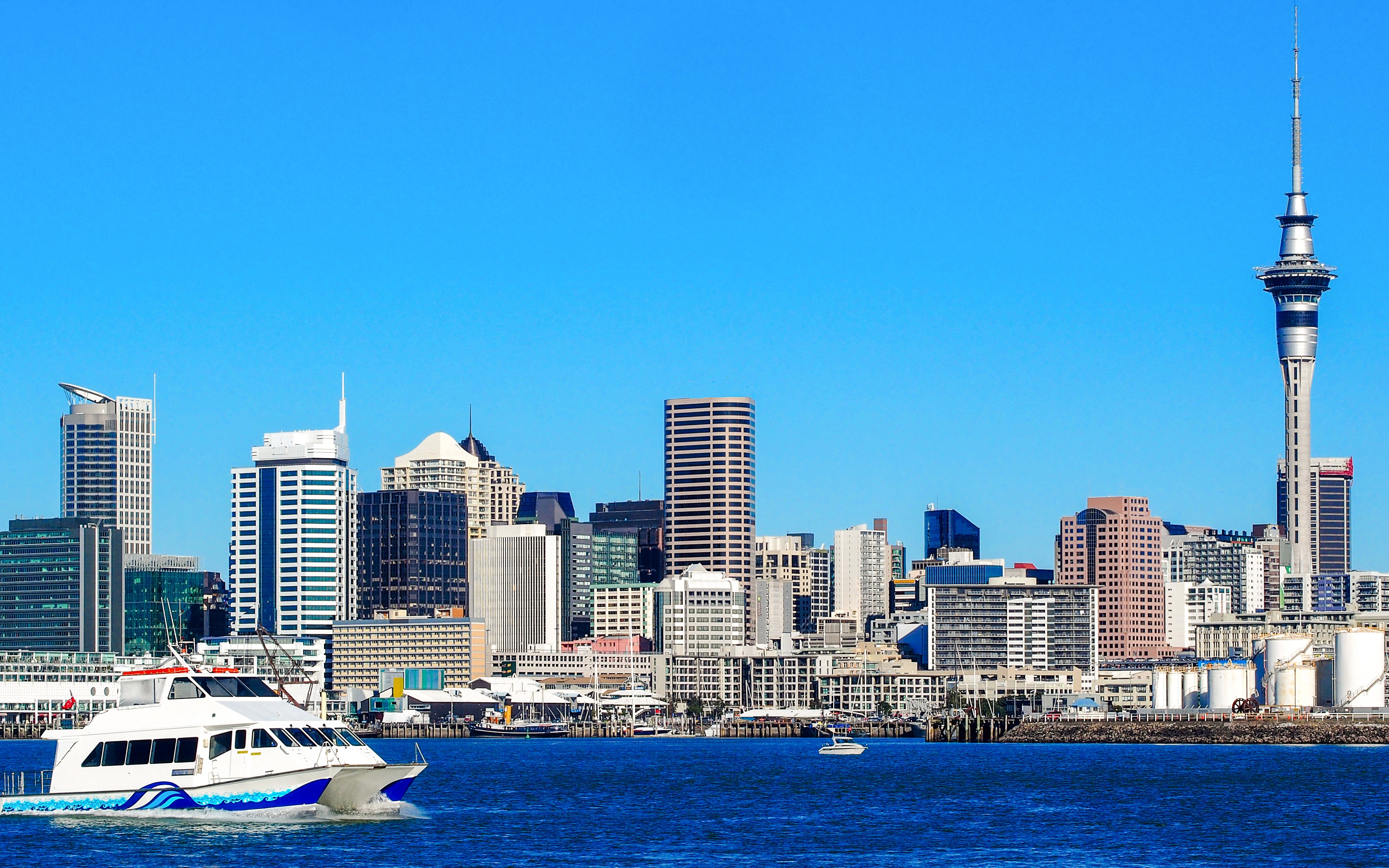 Cruise boat on Auckland Harbour with city skyline and Sky Tower in view.