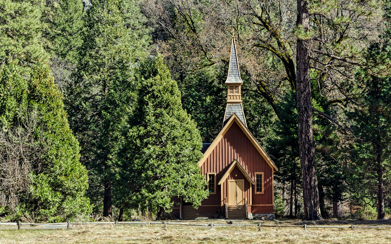 Chapel surrounded by trees in Yosemite National Park.