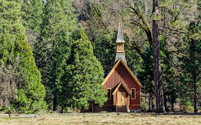 Chapel surrounded by trees in Yosemite National Park.