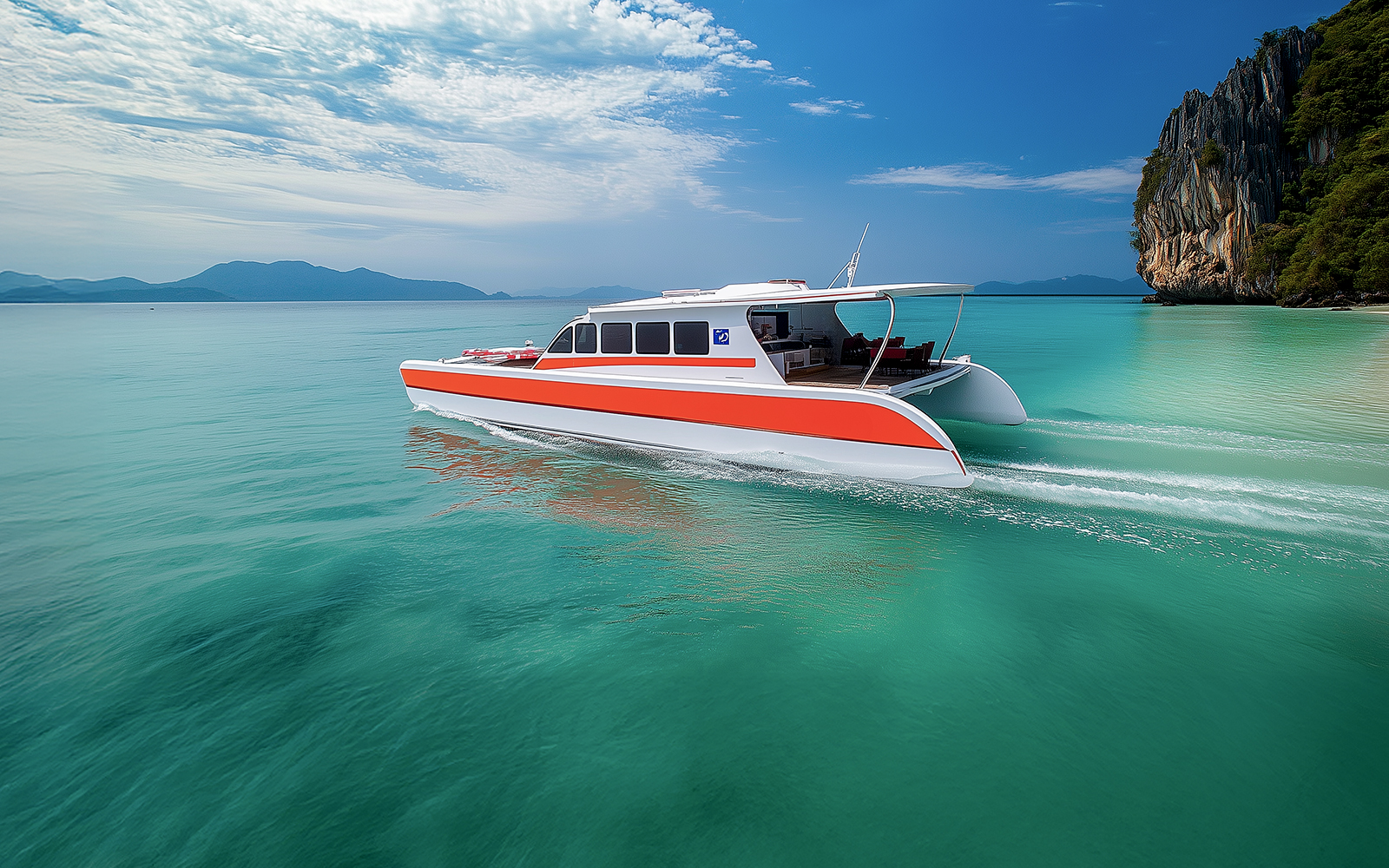 Catamaran cruising near limestone cliffs on Phi Phi Islands tour from Phuket.