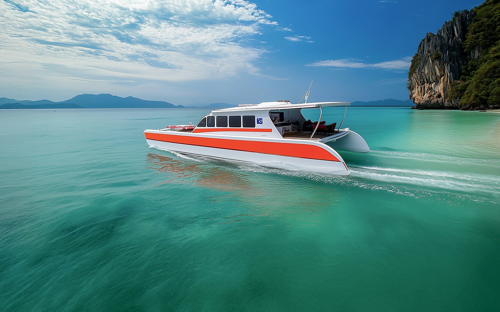 Catamaran cruising near limestone cliffs on Phi Phi Islands tour from Phuket.