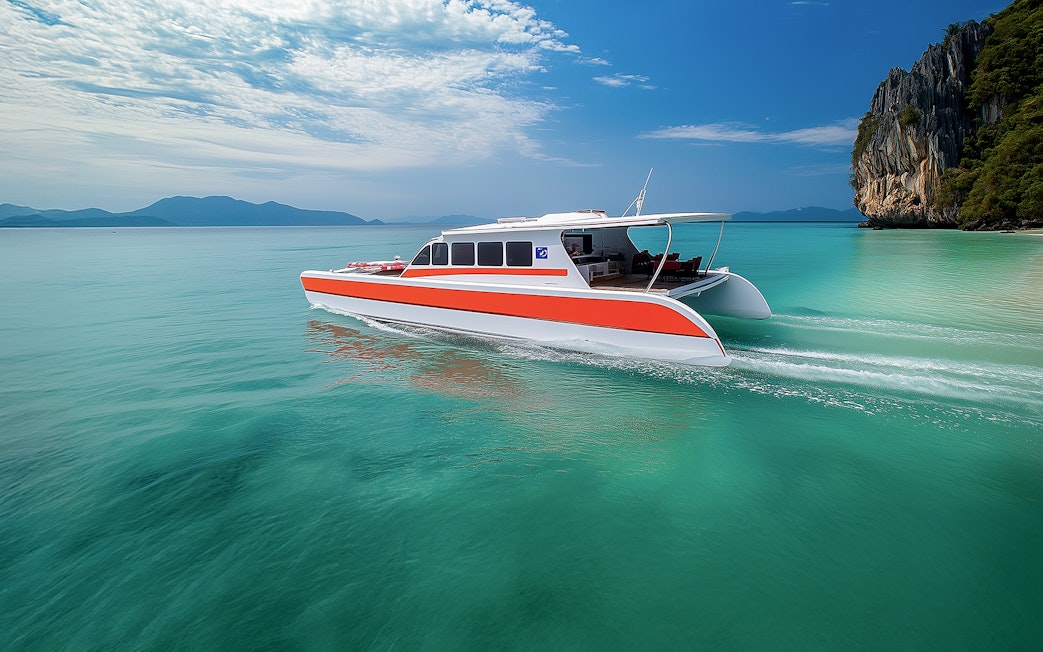 Catamaran cruising near limestone cliffs on Phi Phi Islands tour from Phuket.