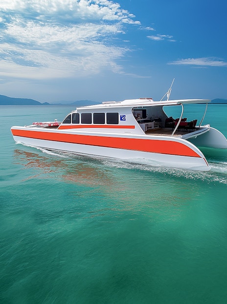 Catamaran cruising near limestone cliffs on Phi Phi Islands tour from Phuket.